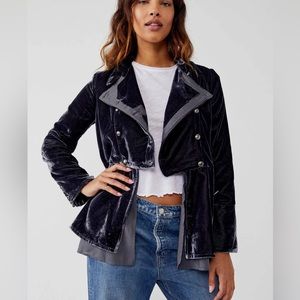 Free People Faye velvet military style jacket Sz XS Ebony (charcoal)